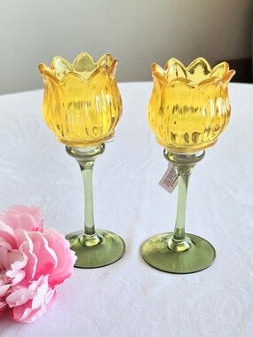 Tulip Floral Yellow Votive Tealight Candle Holders Pair 2 PC SET 8"X2.5"